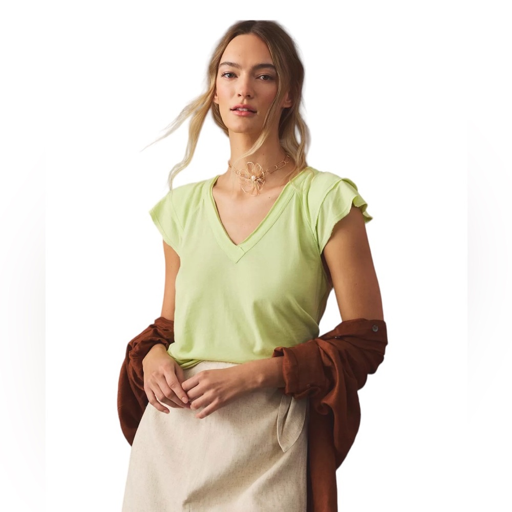 MAEVE | by Anthropologie Chartreuse Ruffle Cap Sleeve Shirt Size XL